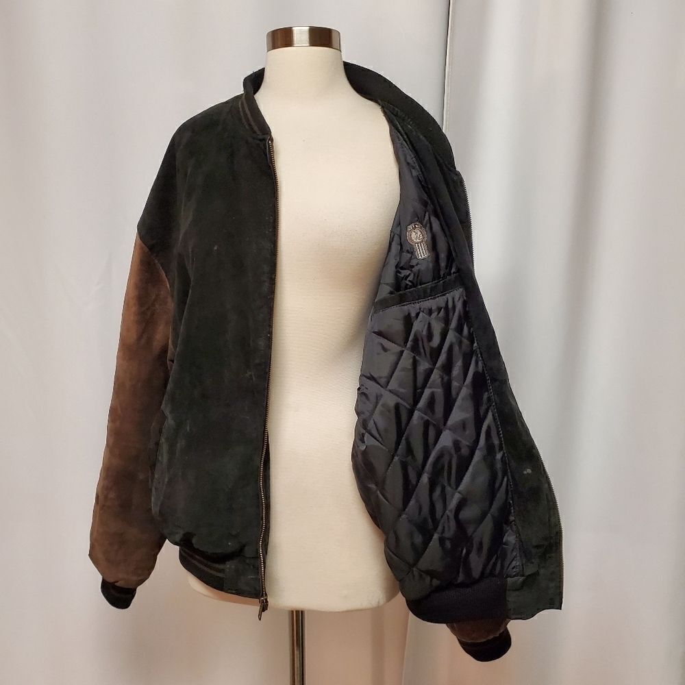 Vintage 90s y2k 2 Tone Black Brown Suede Leather Kenworth Truck Bomber Jacket Lg - Picture 5 of 12